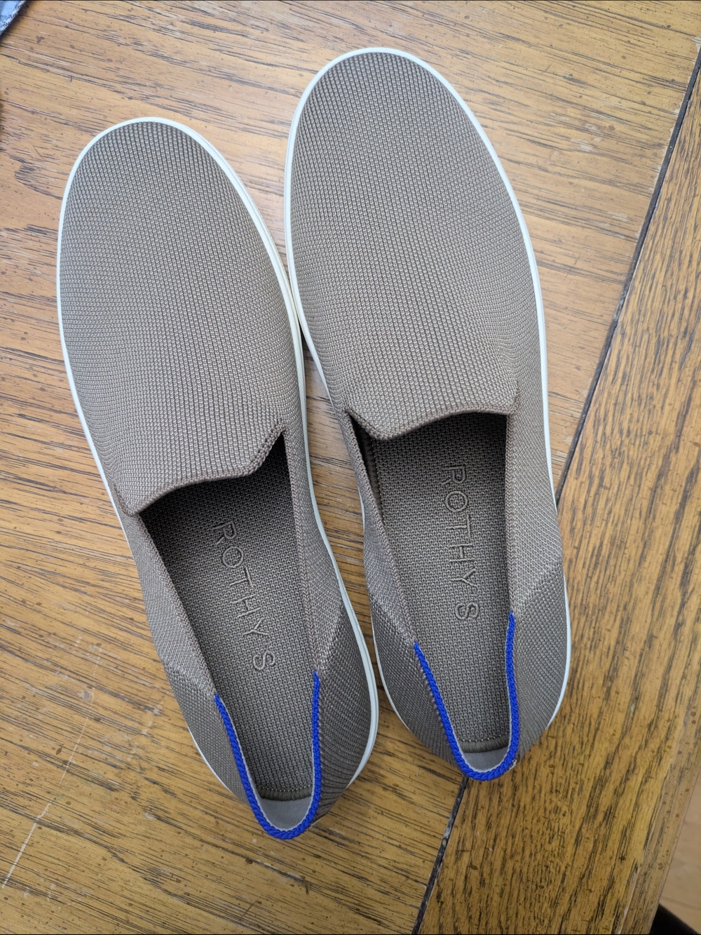 Rothy's Women's Taupe Slip-On Loafers with Blue Heel Tabs